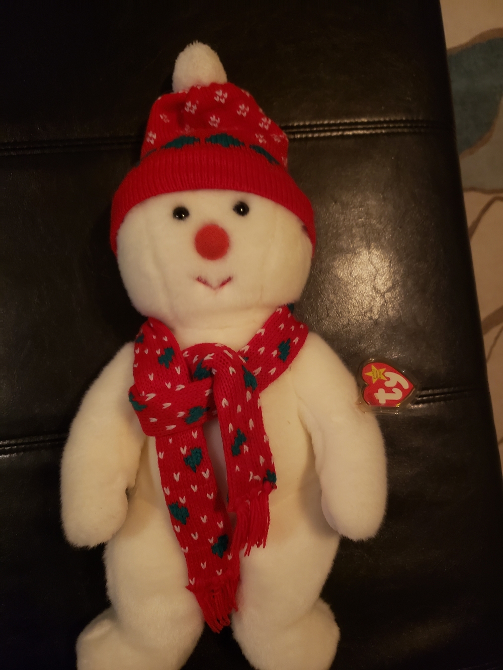 TY White Snowman Plush with Red Hat and Scarf